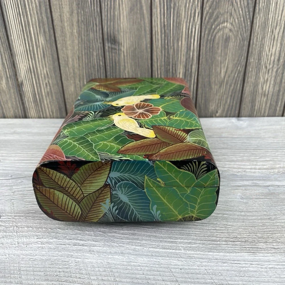 Vintage Hand Painted Wooden Box Parrot Floral Jewelry Storage Trinket